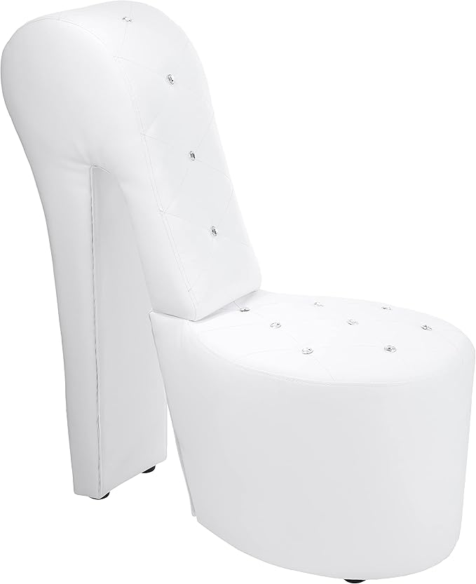 Tristam 40 Modern Glam High Heel Lounge Chair Armless Chair with Upholstered Crystal-Like Buttons and Diamond Stitching Comfortable Indoor Seating for Bedroom Living Room (White (Faux Leather))