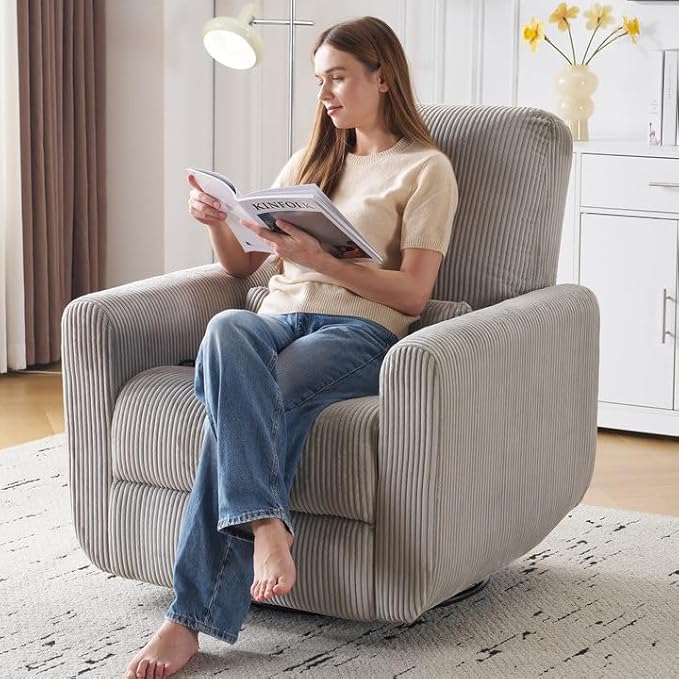 360° Swivel Glider Recliner Chair Oversized Rocker Recliner with Heating and Massage Glider Chair for Nursery with Pillow24 Extra Wide Rocking Chair for Living Room Corduroy Grey