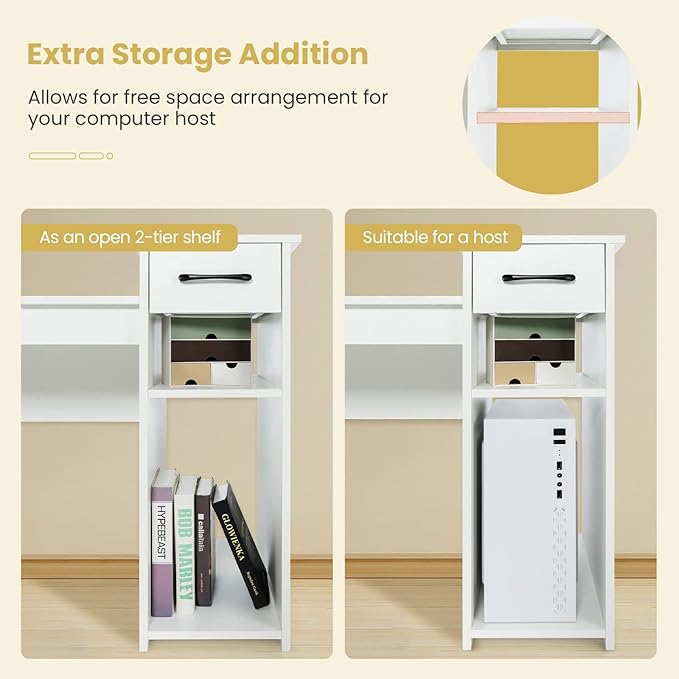 Giantex White Computer Desk 40 Study Writing Desk with Drawers and Printer Shelves Modern PC Laptop Workstation for Small Space Home Office
