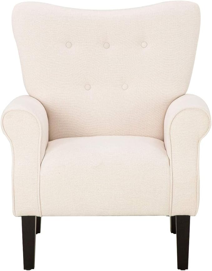 YOLENY Modern Accent ChairHigh Back ArmchairUpholstered Fabric Button Single Sofa with Wooden Legs for Living RoomBedroomClubBeige