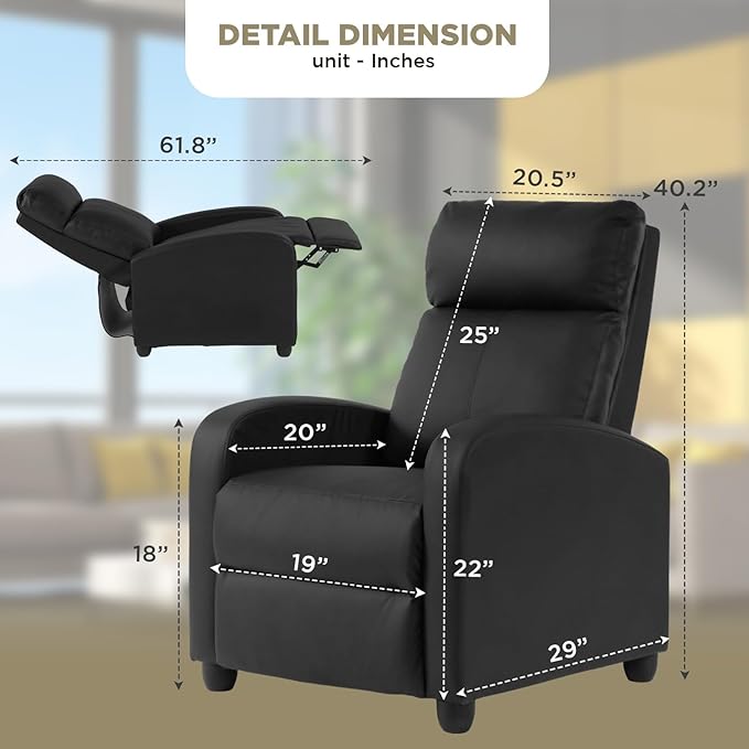 Recliner Chair for Adults Living Room Chairs Reading Chair with Pu Leather Padded Seat Backrest Modern Reclining Easy Lounge (Black)