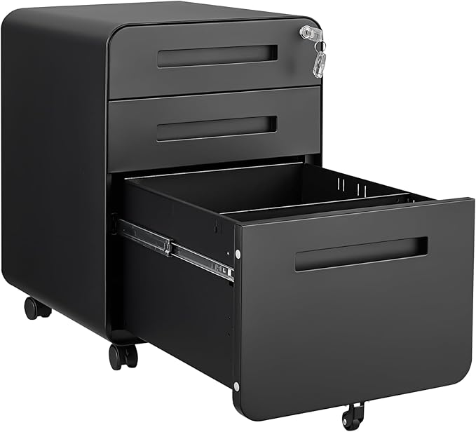 3 Drawer Mobile File Cabinet with Lock Under Desk Metal Filing Cabinet for Home Office Assembled Removable Under Desk Storage with Wheels for A4-Size/Letter-Size/Legal-Size (Black)