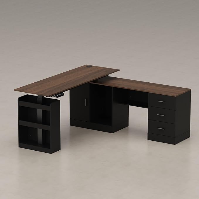 63 Large Electric Standing Office Desk with Drawers Modern Executive Deep L Shaped Computer Raising Stand up Desk with Shelves Storage for Home Office Adjustable Height Black &amp Brown