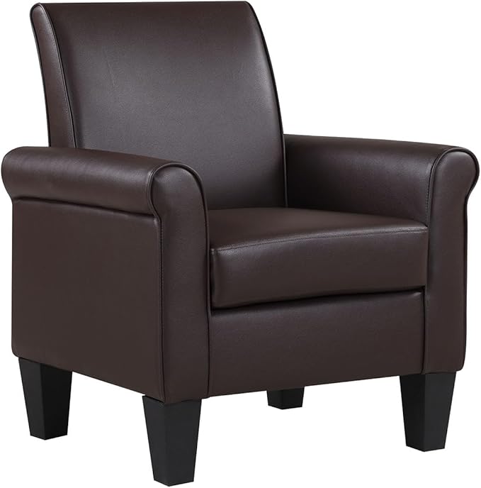 Lohoms Pu Leather Accent Chair Set of 2 Overstuffed Mid Century Modern Living Room Chairs Upholstered Comfortable Reading Chair Fake Leather Armchair for Bedroom Office -Brown