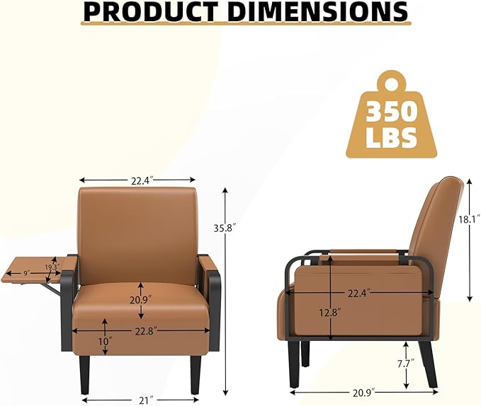 Faux Leather Accent Chairs Set of 2 Modern Upholstered Armchair with Tray Table Comfy Reading Chair for Living Room Bedroom Guest Room Brown