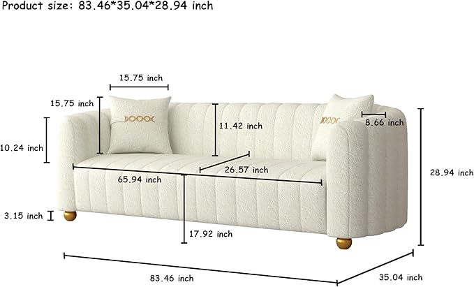 Luxury Teddy Plush Sofa for Living Room 84 Mid-Century Modern Couch 3 Seater Sofa with Gold Legs &amp 2 Pillows Sectional 3 Seater Couch Upholstered Sofa for Living Room Home Office Apartment