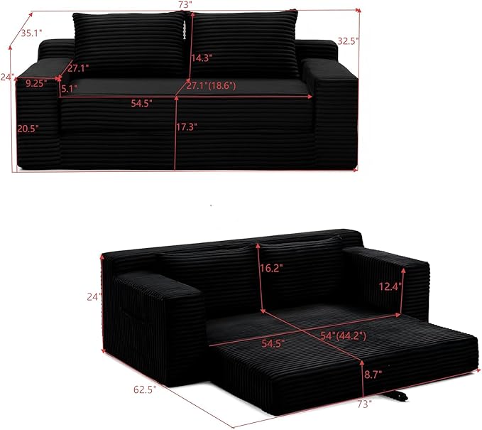 73 Memory Foam Cloud Loveseat Sofa 2 in 1 Convertible Folding Couch Bed Compressed Corduroy Floor Lounge Sofa No Assembly for Apartment Office Bedroom Living Room (Black)