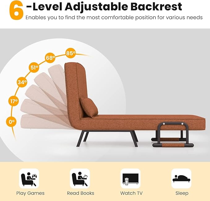 LDAILY Convertible Sofa Chair Bed 5 Adjustable Position Folding Sleeper Chair Single Folding Arm Chair w/Pillow Backrest Upholstered Seat Lazy Sofa Leisure Recliner for Home Office (Brown)