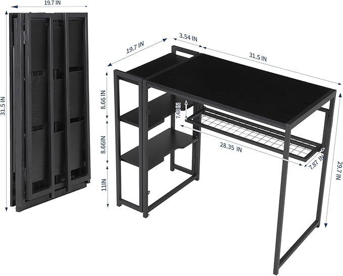 GarveeHome 35 inch Folding Desk Writing Computer Desk with Storage ShelfSpaces Saving Writing Sturdy Table No Assemblyfor for Bedroom Home Office Dorm Apartment Black