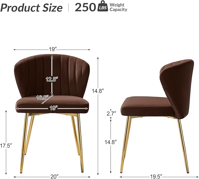 HULALA HOME Velvet Dining Chairs Modern Small Armless Accent Chair with Gold Metal Legs Living Room Upholstered Cute Side Chair Elegant Tufted Back Vanity Chair for Bedroom Auburn