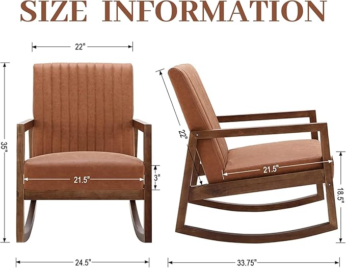 Faux Leather Rocking Chairs Set of 2 Mid Century Modern Recliner Accent Chair Comfy Lounge Arm Chair for Nursery Bedroom Living Room Retro Brown PU