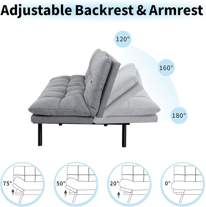 MUUEGM 71” Convertible Futon Sofa Bed Upholstered Small Futon Couches with Adjustable Backrest Loveseat Sleeper Bed for Compact Living Room Studio Office (Light Grey)