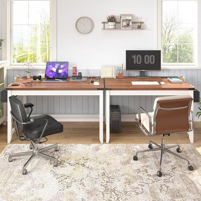 EnHomee 32 Inch Small Desk with Storage Bag Detachable Gaming Desk with Power Outlet Modern Simple Home Office Desk and Writing Desk for Small Spaces Study Desk for Bedroom Brown &amp White