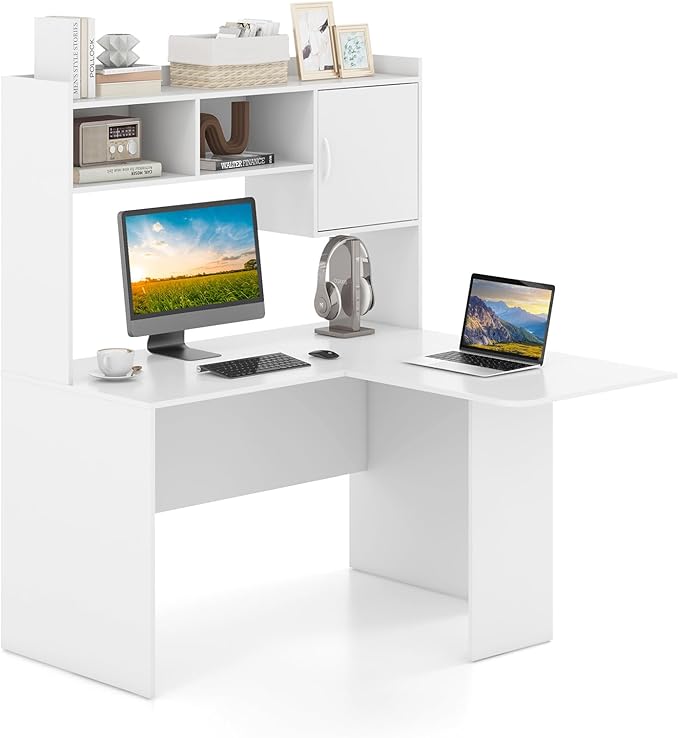 Tangkula L-Shaped Desk with Storage Hutch Corner Computer Desk with Shelves &amp Cabinet Modern Writing Study Table for Home Office Laptop PC Workstation White