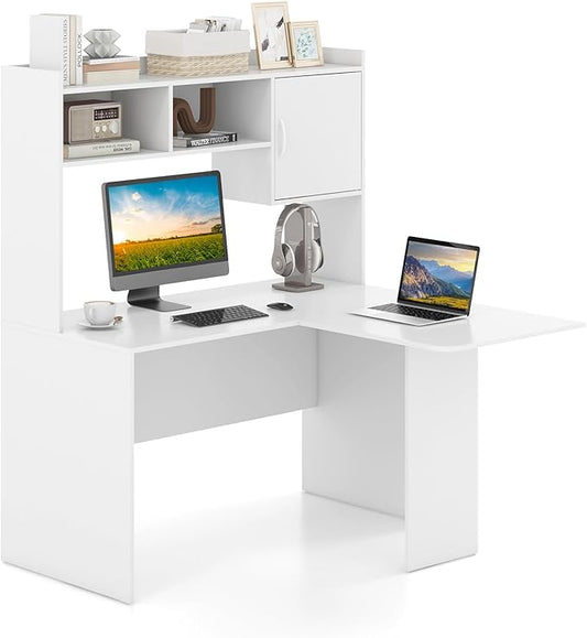 Tangkula L-Shaped Desk with Storage Hutch Corner Computer Desk with Shelves &amp Cabinet Modern Writing Study Table for Home Office Laptop PC Workstation White
