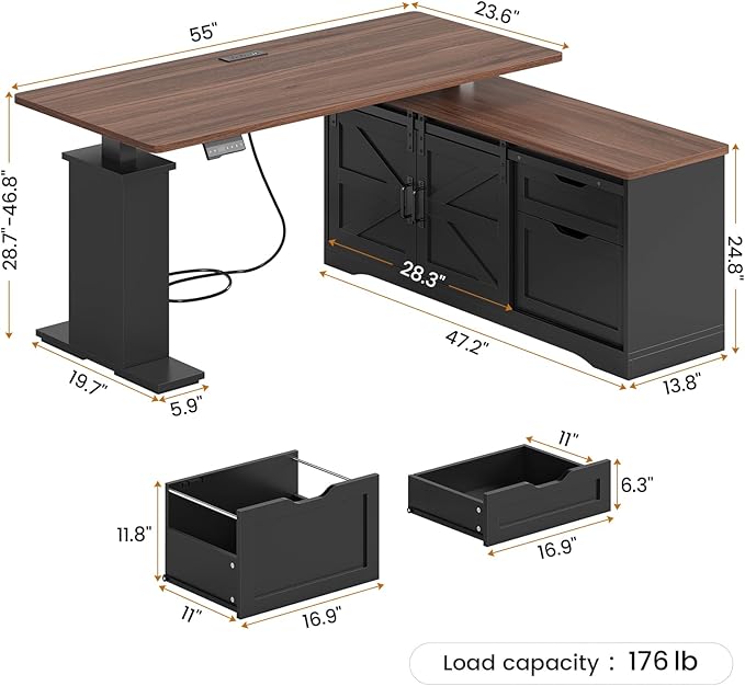 SEDETA Farmhouse L Shaped Standing Desk 55 inch Height Adjustable Corner Desk with Storage Drawers Standing Computer Desks with Power Outlets for Home Office Black