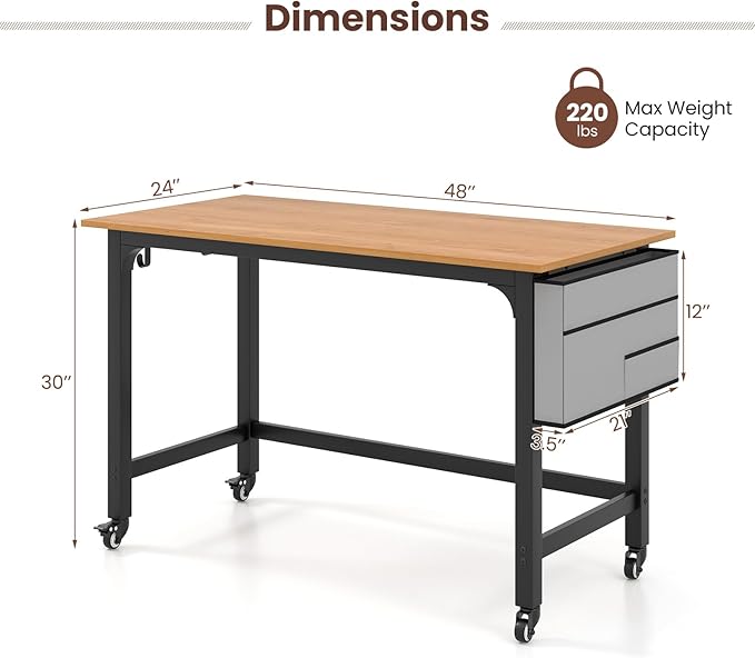 COSTWAY 48” Mobile Computer Desk Home Office Desk on Wheels Simple Study Writing Table with 4 Lockable Wheels Metal Frame Rolling Laptop PC Table for Small Space (Natural)