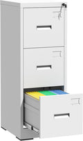 3 Drawer Metal Vertical File Cabinet with Lock and Card SlotOffice Home Vertical Filing Cabinets for A4 Legal/Letter Size Narrow File Cabinet LockedAssembly RequiredWhite