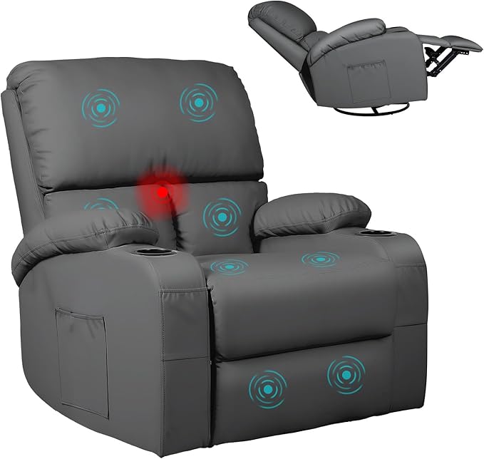 LEVELEVE Rocking Recliner Chair Massage Rocker Recliner Chair with Vibration Massage and Heat 360° Swivel Recliner Chairs Living Room Bedroom Nursery RV Dark Grey