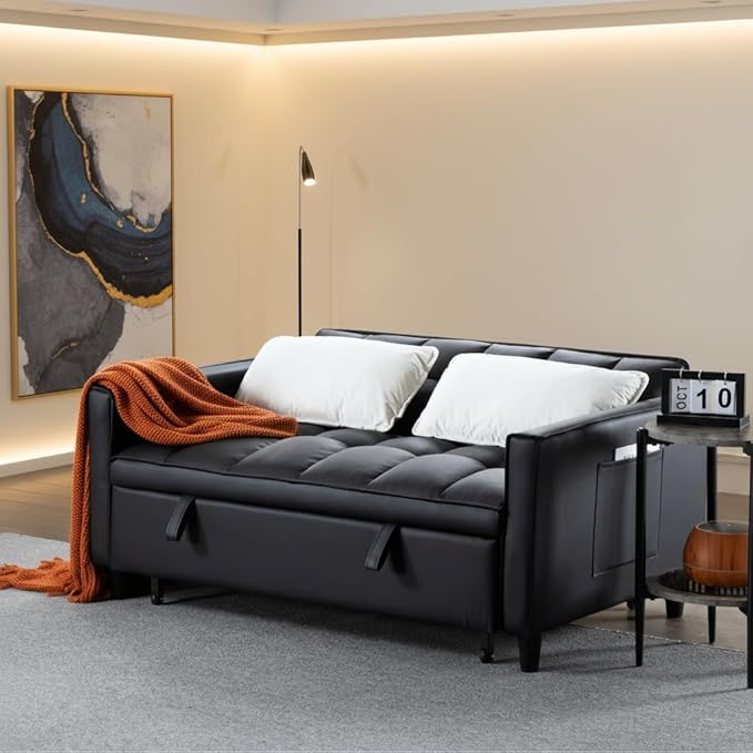 3 in 1 Convertible Sofa Bed Love Seat Sleeper Bed with Side Pockets PU Fabric Pull Out Couch with Adjustable Backrest for Living Room Bedroom Apartment Black