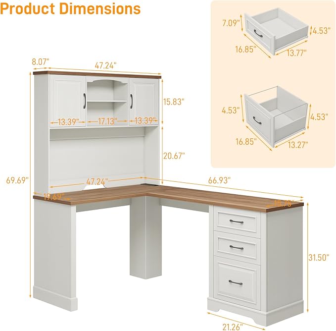 Vabches Farmhouse 68 H L Shaped Executive Desk with Hutch Computer Desk with Charging Station Corner Wood Workstation with File Drawers and Barn Doors for Home Office and Study