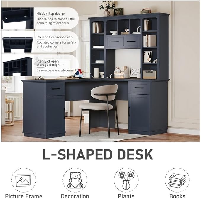 Polibi L-Shaped Computer Desk with Storage - 2-in-1 Design with 2 Drawers and 2 Cabinets 11 Open Shelves &amp Power Outlet for Home Office Study Room Antique Blue