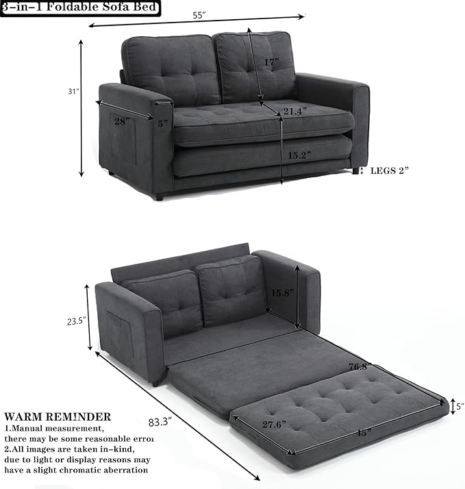 Futon Sofa Bed Convertible Folding Futon Couch Breathable Small CouchAdjustable Pull Out Chaise Lounge for Compact Living Studio in Living Room and Bedroom Offices Dorm Loveseat (Dark Gray)