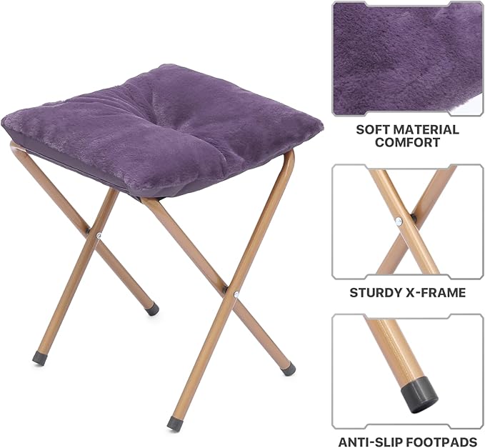 MoNiBloom Square Folding Faux Fur Saucer Chair for Bedroom Living Room Foldable Metal Frame Oversized Large Comfy Furry Padded Soft Cozy Moon Chair with Footrest Ottoman for Adults (Purple 2 Set)