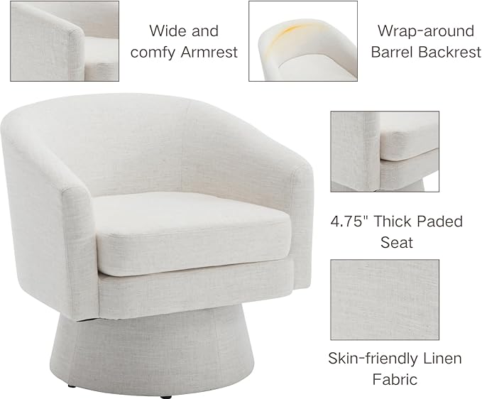 Modern Beige Swivel Accent Chair Set of 2 Upholstered Linen Barrel Chair Boucle Vanity Reading Chair Cozy Round Single Sofa Arm Chair Club Side Chairs for Bedroom/Waiting/Living Room