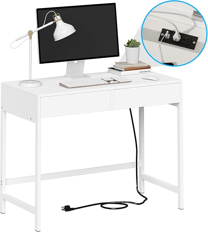 Treocho Computer Desk with USB Charging Ports and Power Outlets Modern Simple 40 inch White Desk with 2 Drawers Vanity Desk Makeup Table for Home Office Bedroom