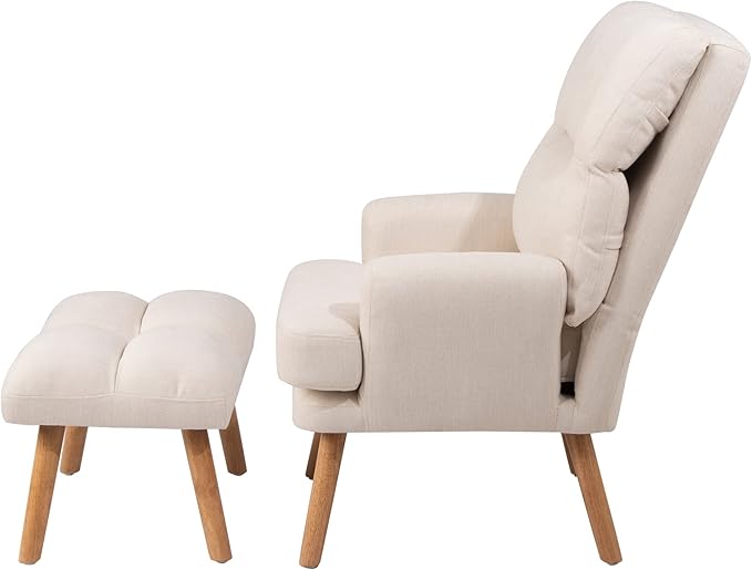 Accent Chair with Ottoman SetFabric Armchair with Wood Legs and Adjustable High BackrestUpholstered Lounge Chair for Living RoomBedroomReading Room and Study (Beige)
