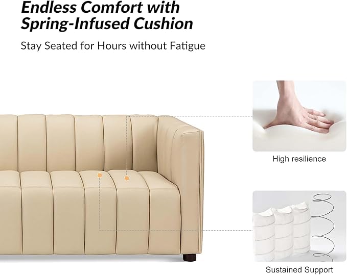 HULALA HOME 83 Genuine Leather Sofa with Channel Tufted Design 3-Seater Sofa for Living Room Bedroom Modern Oversized Couch with Wood Legs Beige
