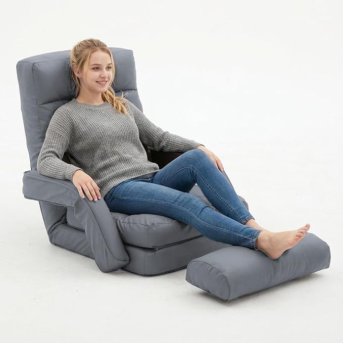 FLOGUOR 14-Position Adjustable Floor Chair Chaise Lounge Indoor Folding Lazy Sofa with Armrests and a Pillow Padded Adults Gaming Chairs for Living Room Bedroom Factory Price8803 (Grey（PU）)