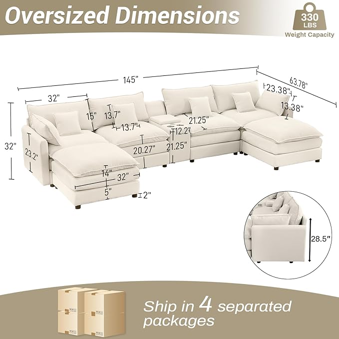 145 Oversized Modular Sectional Sofa U Shaped Cloud Couch 6 Seat Sofa Set for Living Room Comfy Fluffy Chenille Deep Seat with Storage Central Console Movable Ottomans Cup Holders USB Ports White