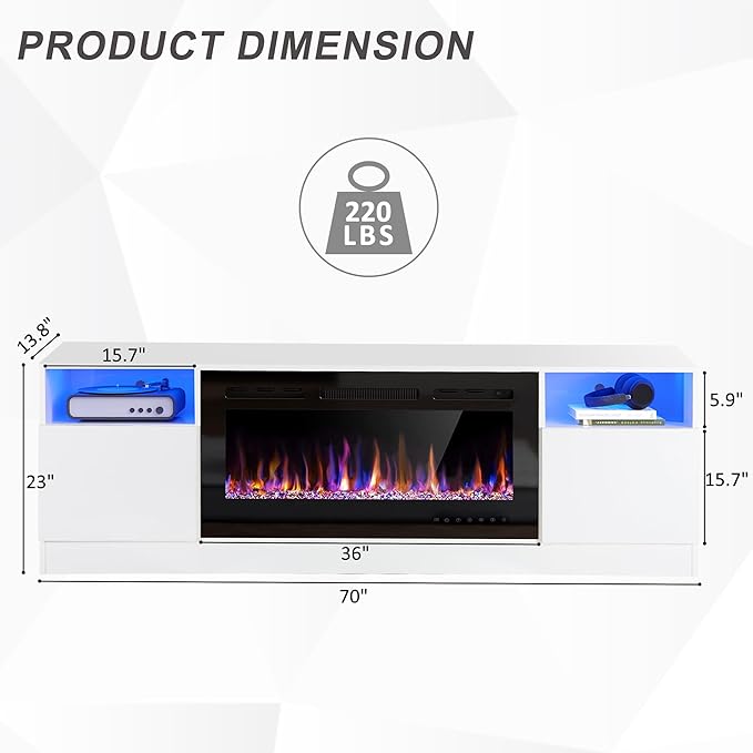 AHB Fireplace TV Stand LED Light Entertainment Center with 36 Electric Fireplace and Storage Cabinet Media Console Table for TVs Up to 80 Inches Ideal for Living Room 70 Inches (White)