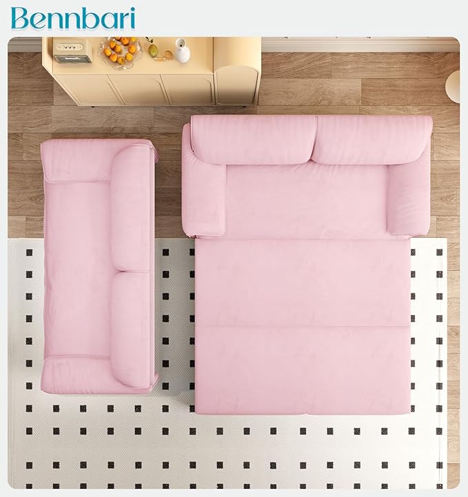 66'' Queen Pull Out Sofa Bed with Thickened Cushions 3-in-1 Convertible Velvet Sleeper Couch with Side Storage Loveseat Futon Lounge Recliner for Living Room Apartment Bedroom Small Space (Pink)