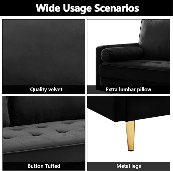 65 Love Seat Sofa Velvet Small Sofa Small Couch for Bedroom Living Room Bedroom Loveseat with 2 Pillows Gold Legs Modern Tufted Seat Upholstered Seating for Office Apartment (Black)