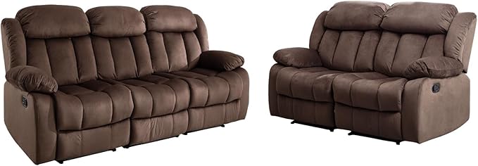 EBELLO Manual Reclining Sofa Set Classic 5-Seater Furniture Set with Overstuffed Arms and Backrest Include 1 Loveseat Couch and 1 3- Seat Sofa Brown