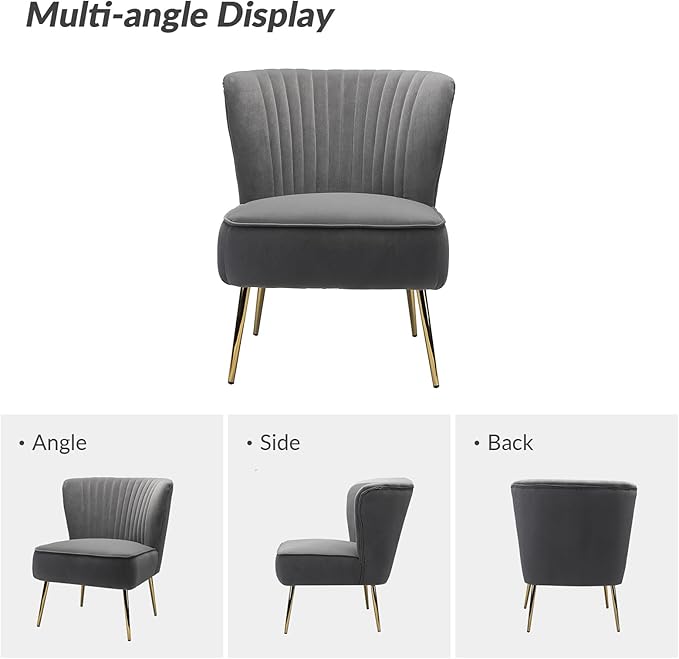 HULALA Home Velvet Accent Chair Set of 2 Modern Armless Upholstered Side Chair with Glam Gold Metal Legs for Vanity Living Room Bedroom - Grey