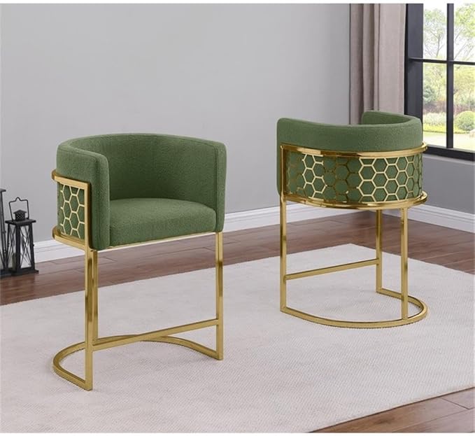 Modern Honeycomb Armchairs with Chrome Base Silver or Gold Frame Options (Teddy Fabric Green/Gold Bar Stool)