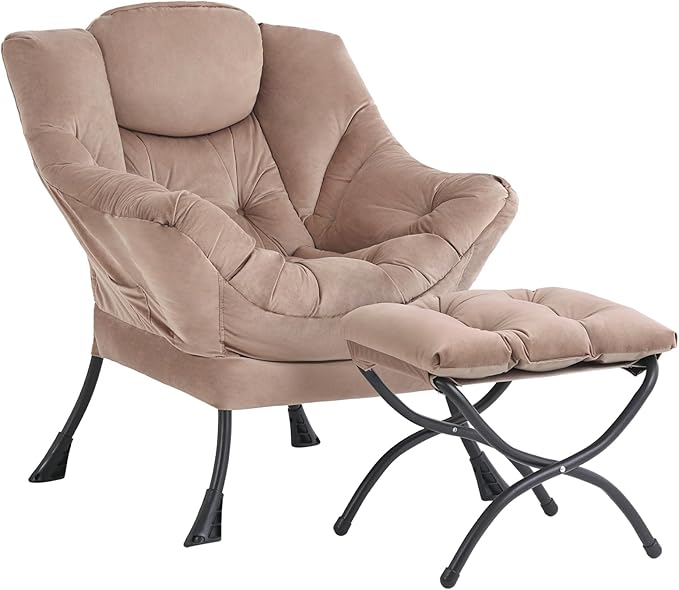 Lazy Chair with Ottoman Modern Accent Chair Contemporary Sofa Chair with Armrests Reading Chair and Folding Footstool Set for Living Room Bedroom Office Khaki