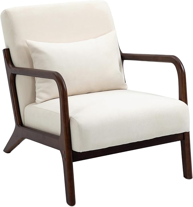 Modern Accent Chair Cotton Linen Fabric Upholstered Lounge Armchair with Solid Wood Frame for Living Room Bedroom Reading Nook (White-Dark Brown armrest)