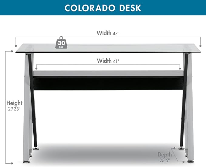 Calico Designs Colorado Glass Desk – 47 Modern Writing Desk with Tempered Glass Top Steel Frame &amp Storage Shelf – Home Office Computer or Study Table Black/Silver