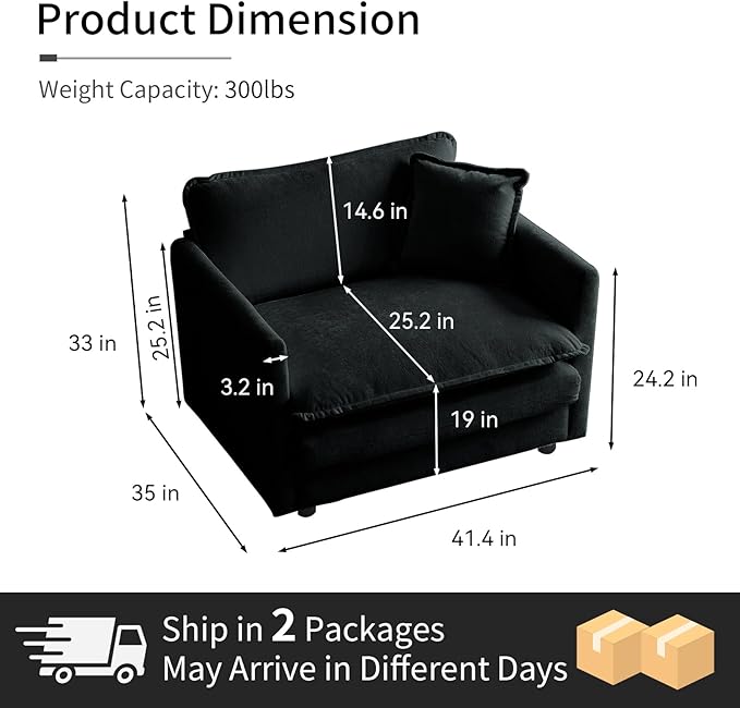 Chenille Oversized Accent Chair 41.4 Comfy Modular Single Sofa Cloud Couch Chair Upholstered Deep Seat Armchair with Pillow for Living Room Bedroom Family Room Reading Nook Black