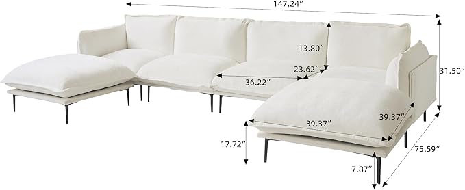WJShome 147 Modern U-Shaped Couch for Living RoomVelvet Modular Sectional Sofa with Chaise4-Seater Sofa with 2 Ottomans with Removable Cushions and 8 High Metal Legs Easy to Clean Beige