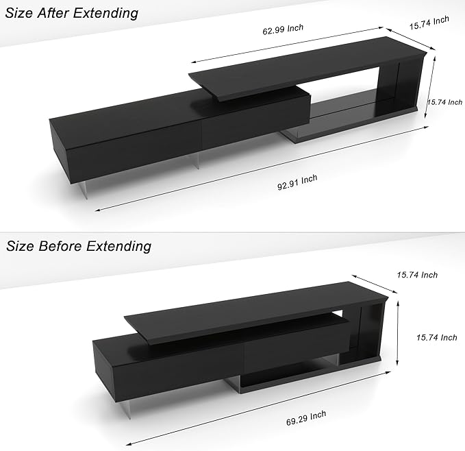 LED TV Stand for 55–90 Inch TVs Extendable Entertainment Center with LED Lights Modern TV Console with Storage Stylish Design TV Cabinet with 2 Pull-Down Doors Media Shelf for Living Room Black