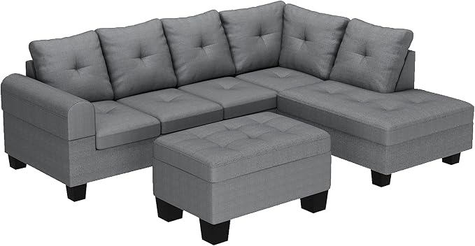 AWQM Upholstered L-Shape Modular Sectional Sofa Set with Storage Ottoman &amp Chaise Light Grey Fabric Living Room Furniture Comfy Oversized Corner Sofa Couch