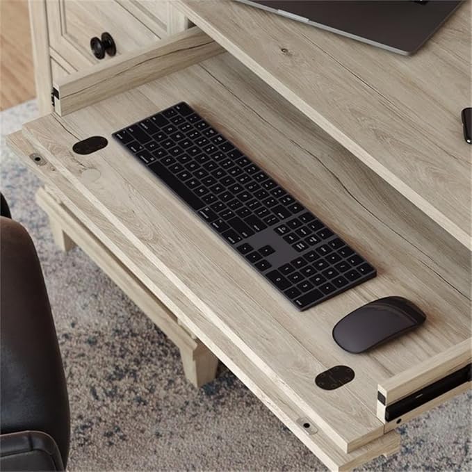 Pemberly Row Executive Desk Engineered Wood Chalk Oak Finish 1 Thick Top Double Pedestal with Storage Drawers Solid Wood Feet Home Office Desk with Grommet Holes for Organized Workspace