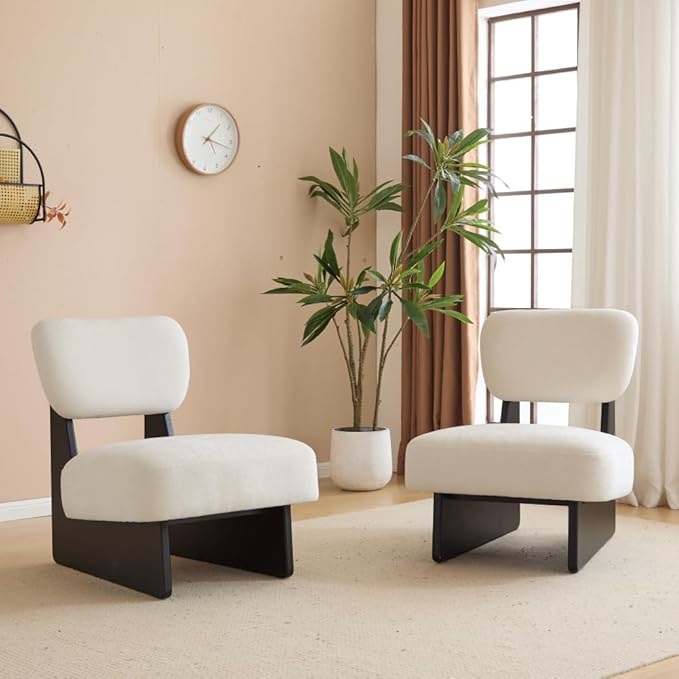 [Set of 2] Modern Beige Lounge Chair with Polyester Upholstery Sturdy Black Wood Base Stylish and Comfortable Accent Seating for Living Room (Black + White + Polyester + Solid Wood)