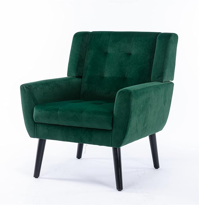 SSLine Velvet Accent Arm ChairMid-Century Modern Upholstered Wingback Single Sofa Armchair Club Chair with Solid Wood Legs Thick Cushion for BedroomReadingLiving Room Chair(Retro Green)